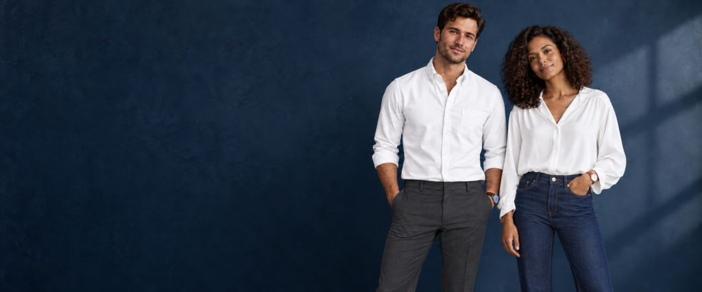 About Man and woman wearing white shirts and dark pants