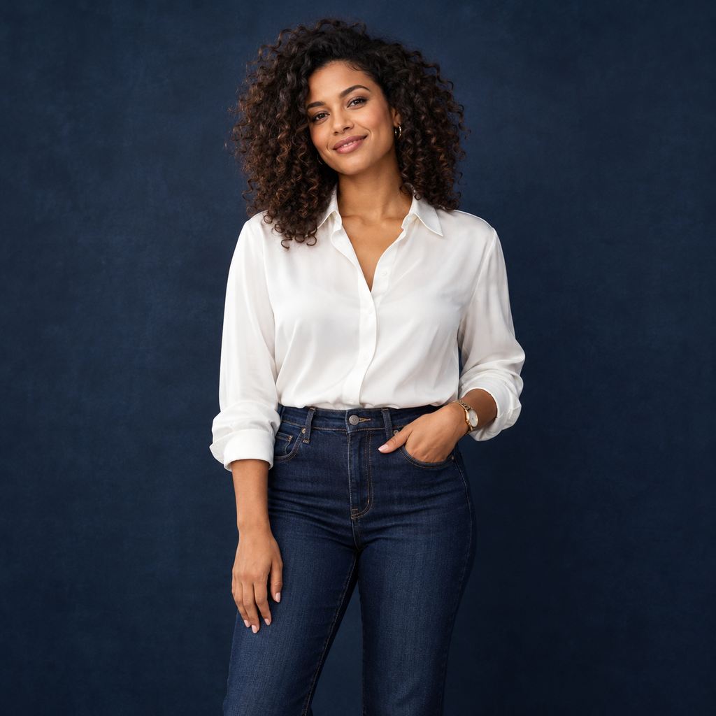 elegância casual em branco e ganga