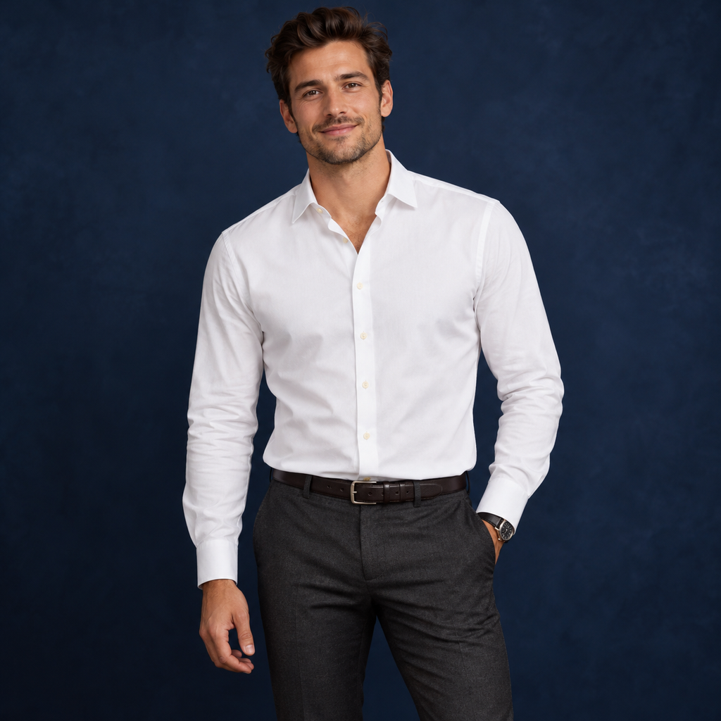 elegância masculina em fundo azul marinho